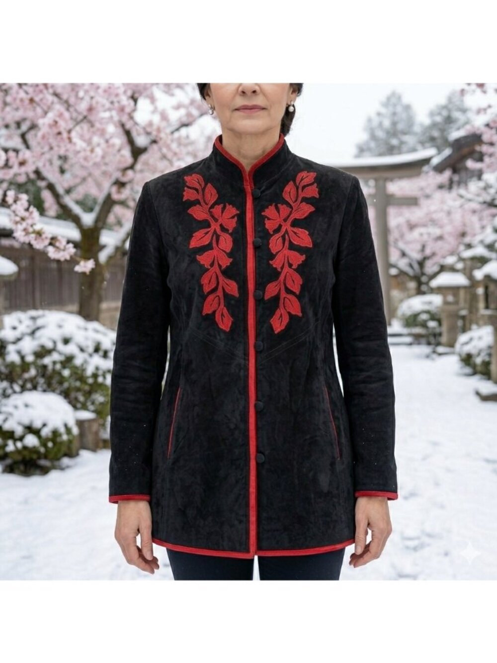 Linea by Louis DellOlio Womens Embroidered Suede Leather Jacket 1X Black Red - Picture 10 of 10
